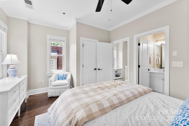 106 N Laurel Ave Unit 118, Charlotte, NC 28207 - bedroom with ornamental molding, dark wood-style flooring, connected bathroom, a closet, and ceiling fan