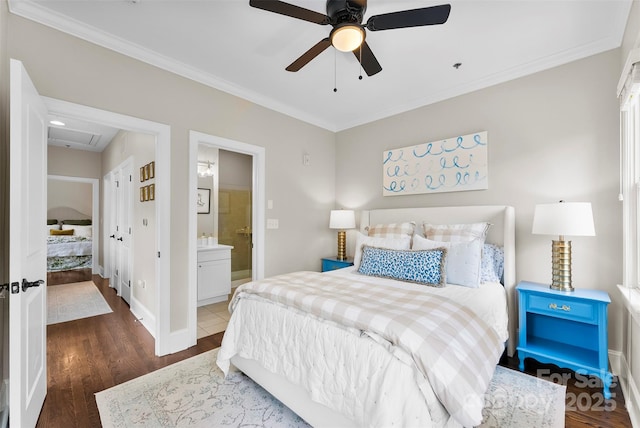 106 N Laurel Ave Unit 118, Charlotte, NC 28207 - bedroom featuring wood finished floors, ornamental molding, ensuite bath, and a ceiling fan