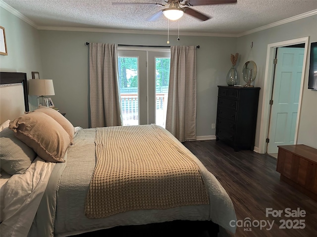 3210 Crow Row, Monroe, NC 28112 - bedroom with dark wood-style floors, crown molding, access to exterior, a textured ceiling, and ceiling fan