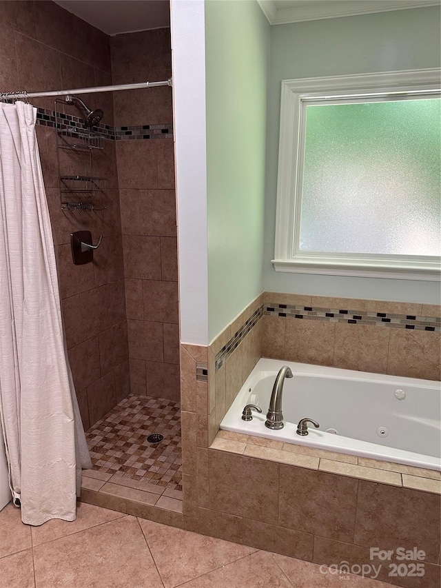 3210 Crow Row, Monroe, NC 28112 - full bathroom with a shower stall, a tub with jets, crown molding, and tile patterned floors