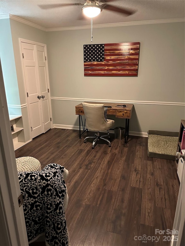 3210 Crow Row, Monroe, NC 28112 - office with ceiling fan, dark wood-style flooring, ornamental molding, and a textured ceiling