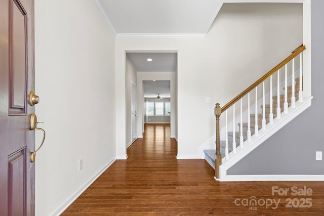 159 E Warfield Dr, Mooresville, NC 28115 - foyer entrance featuring ornamental molding, stairs, and wood finished floors