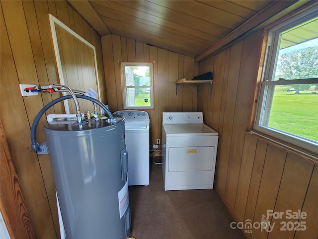 3558 Sunset Grill St, Connelly Springs, NC 28612 - laundry room featuring electric water heater, washer and clothes dryer, wood walls, wooden ceiling, and dark carpet