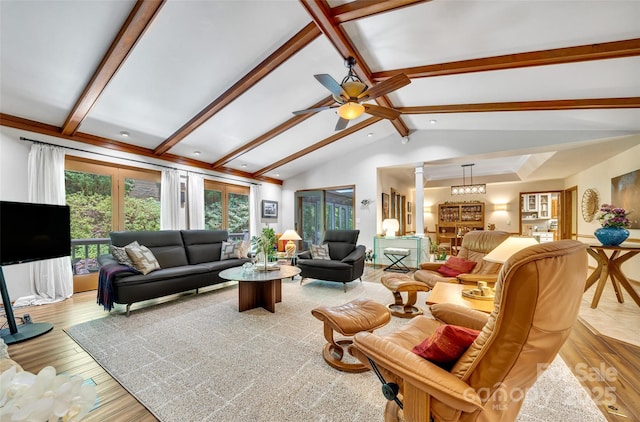 23 Indigo Way, Hendersonville, NC 28739 - living area featuring ornate columns, light wood-style flooring, and ceiling fan