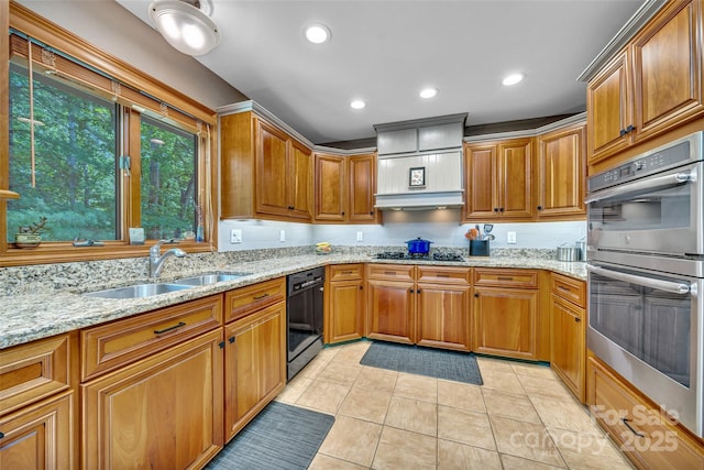 23 Indigo Way, Hendersonville, NC 28739 - kitchen with double oven, black dishwasher, gas stovetop, light tile patterned flooring, and light stone counters