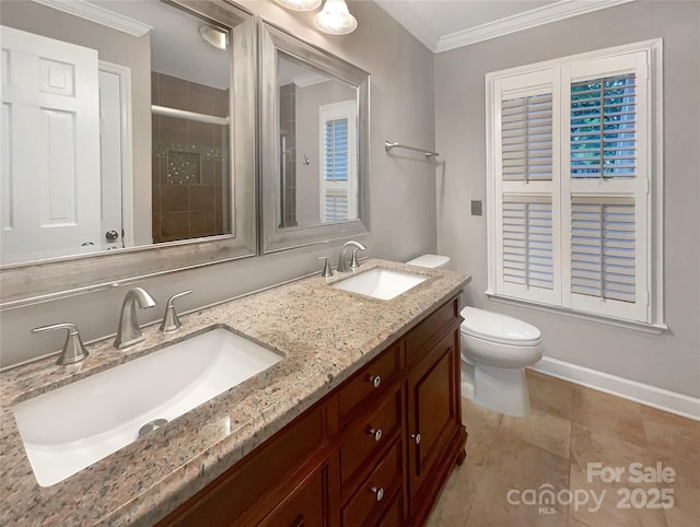 27 Quayside Ct, Clover, SC 29710 - full bathroom featuring a stall shower, double vanity, and crown molding