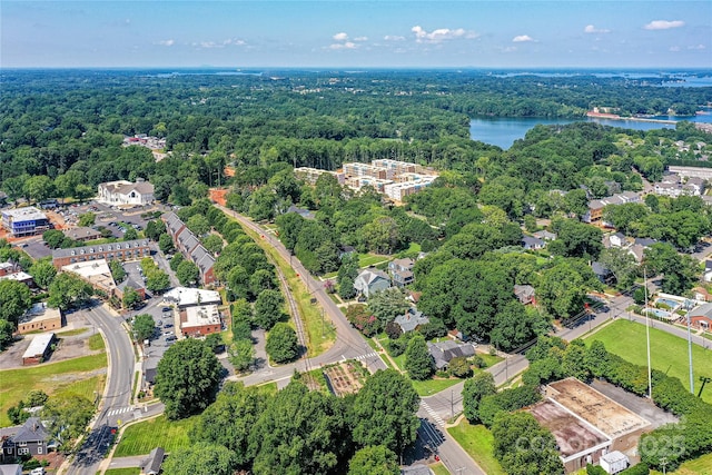 504 Potts St, Davidson, NC 28036 - aerial overview of property's location featuring a heavily wooded area and a nearby body of water