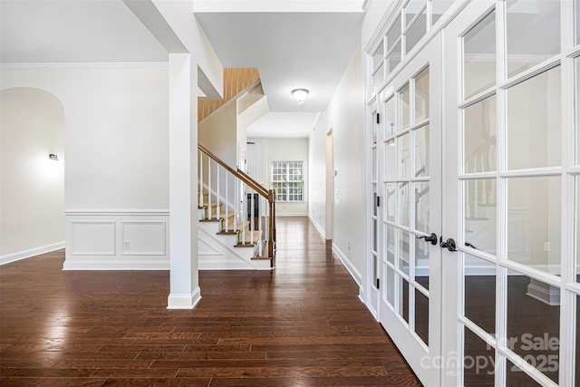 646 Quicksilver Trl Unit 183, Fort Mill, SC 29708 - entryway featuring arched walkways, french doors, dark wood-style flooring, and stairs