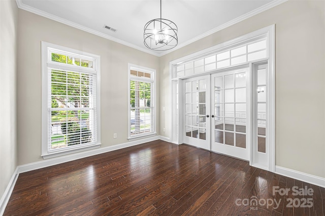 646 Quicksilver Trl Unit 183, Fort Mill, SC 29708 - spare room featuring dark wood-style flooring, a chandelier, french doors, and ornamental molding