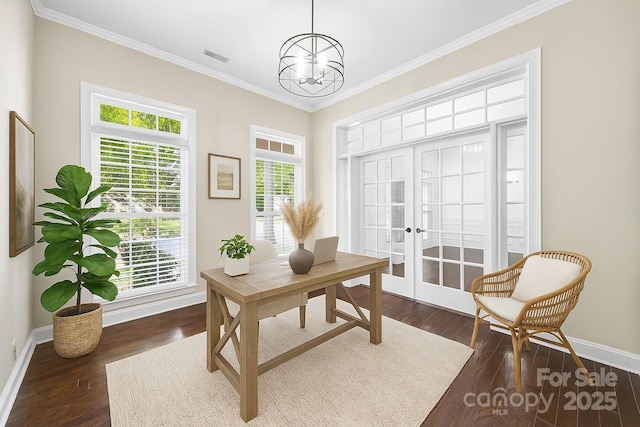 646 Quicksilver Trl Unit 183, Fort Mill, SC 29708 - office area with crown molding, wood finished floors, french doors, and a chandelier