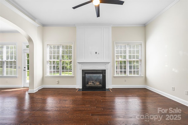 646 Quicksilver Trl Unit 183, Fort Mill, SC 29708 - unfurnished living room with a ceiling fan, a large fireplace, wood finished floors, crown molding, and arched walkways