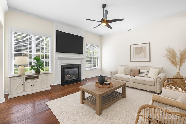 646 Quicksilver Trl Unit 183, Fort Mill, SC 29708 - living area with a ceiling fan, dark wood-type flooring, and a large fireplace