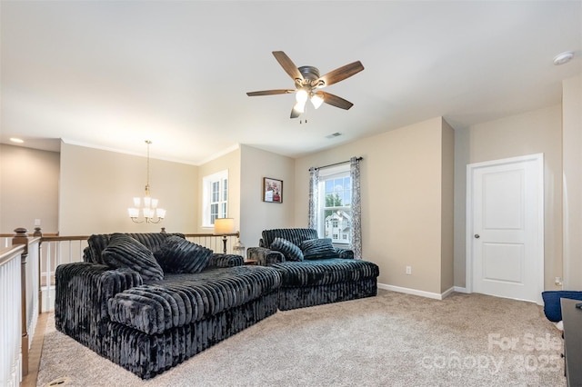 2960 Haley Cir, Davidson, NC 28036 - living room with a chandelier, ceiling fan, and light colored carpet