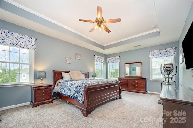 2960 Haley Cir, Davidson, NC 28036 - bedroom featuring carpet, ornamental molding, a raised ceiling, and ceiling fan