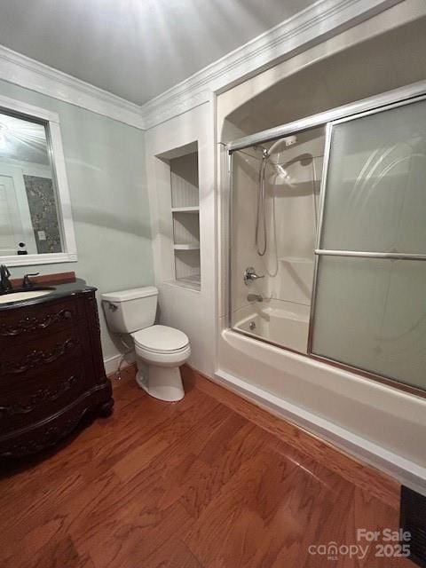 743 S College Ave, Newton, NC 28658 - full bathroom featuring enclosed tub / shower combo, vanity, ornamental molding, and wood finished floors