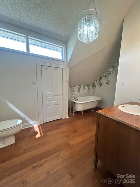 743 S College Ave, Newton, NC 28658 - bathroom with a soaking tub, vanity, wood finished floors, and a textured ceiling