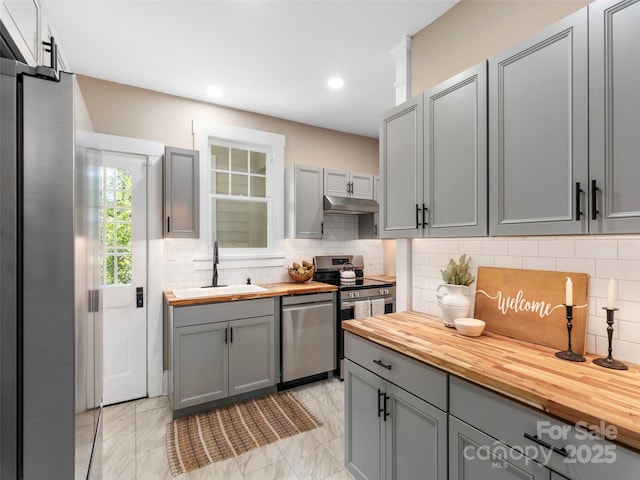 50 Skyland Ter, Canton, NC 28716 - kitchen featuring butcher block countertops, appliances with stainless steel finishes, gray cabinetry, under cabinet range hood, and recessed lighting