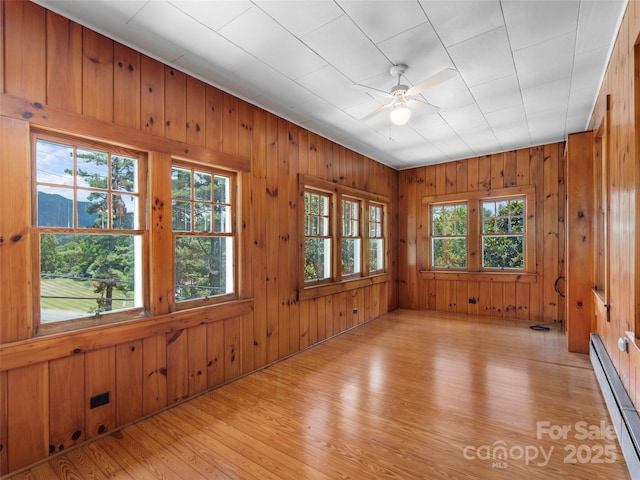 50 Skyland Ter, Canton, NC 28716 - unfurnished room with baseboard heating, a ceiling fan, light wood-style flooring, and wood walls