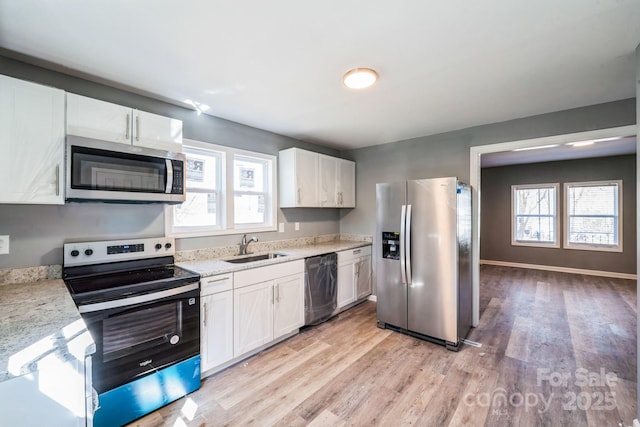 1229 Jenkins St, Rock Hill, SC 29732 - kitchen with appliances with stainless steel finishes, light wood-type flooring, white cabinets, and plenty of natural light