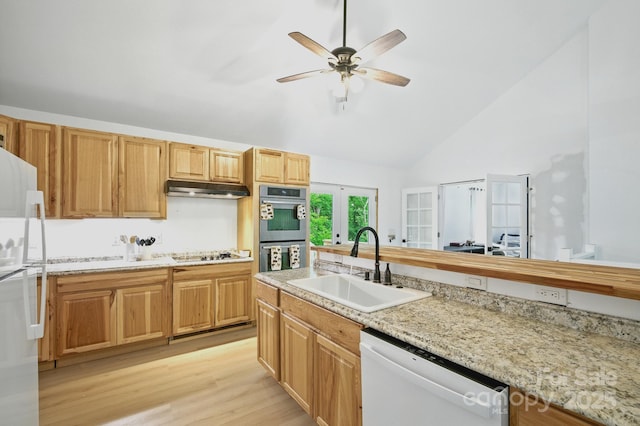 1036 Williamsburg Dr, Lenoir, NC 28645 - kitchen with white appliances, under cabinet range hood, ceiling fan, light wood finished floors, and high vaulted ceiling