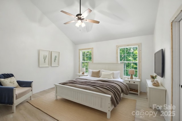 1036 Williamsburg Dr, Lenoir, NC 28645 - bedroom featuring multiple windows, light wood-style floors, vaulted ceiling, and ceiling fan