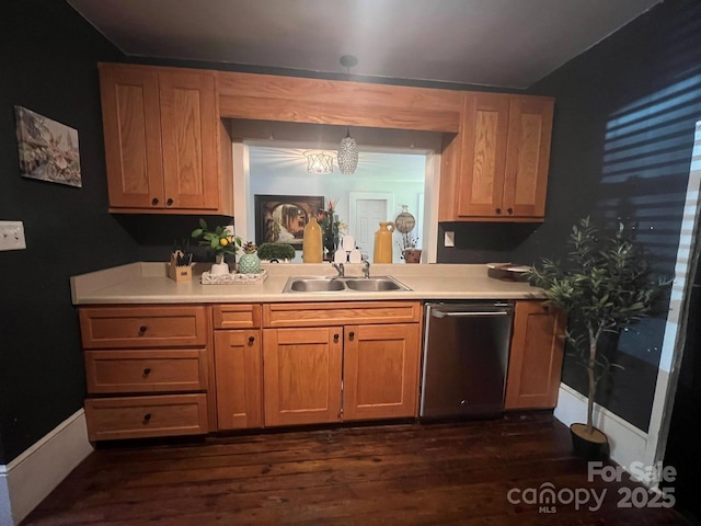 2437 Knox Station Rd, Chester, SC 29706 - kitchen with stainless steel dishwasher, a chandelier, light countertops, and dark wood-type flooring