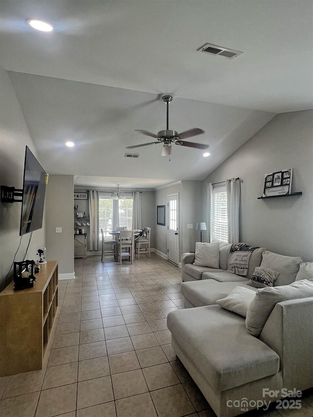 1114 Cason St Unit 6, Belmont, NC 28012 - tiled living room featuring healthy amount of natural light, vaulted ceiling, a ceiling fan, and recessed lighting