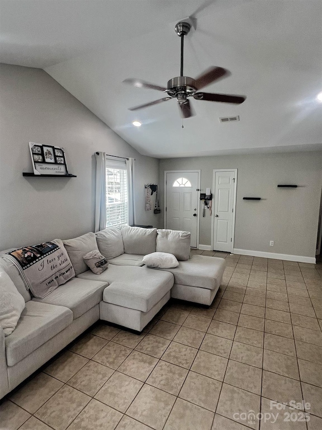 1114 Cason St Unit 6, Belmont, NC 28012 - living area featuring a ceiling fan, light tile patterned floors, and vaulted ceiling