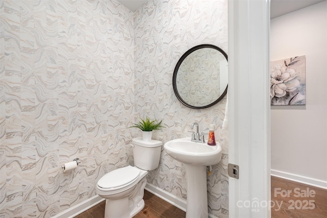 9311 Dunwich Dr, Gastonia, NC 28056 - half bath with wallpapered walls and wood finished floors