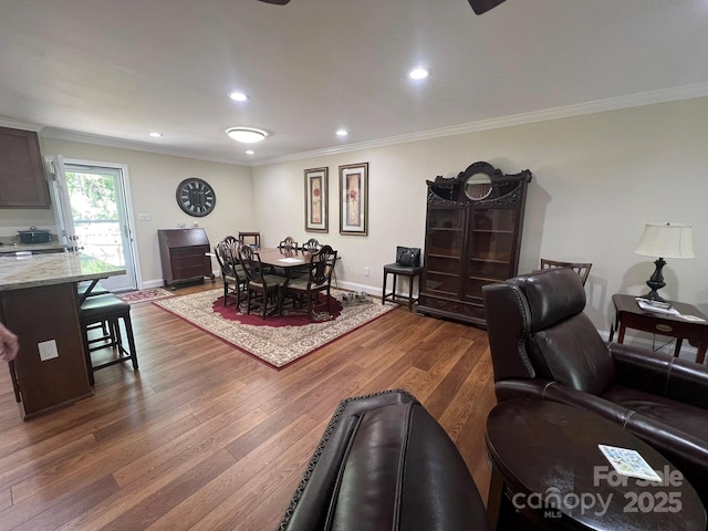 5550 Hillsdale St, Fort Lawn, SC 29714 - living room featuring ornamental molding, wood finished floors, and recessed lighting