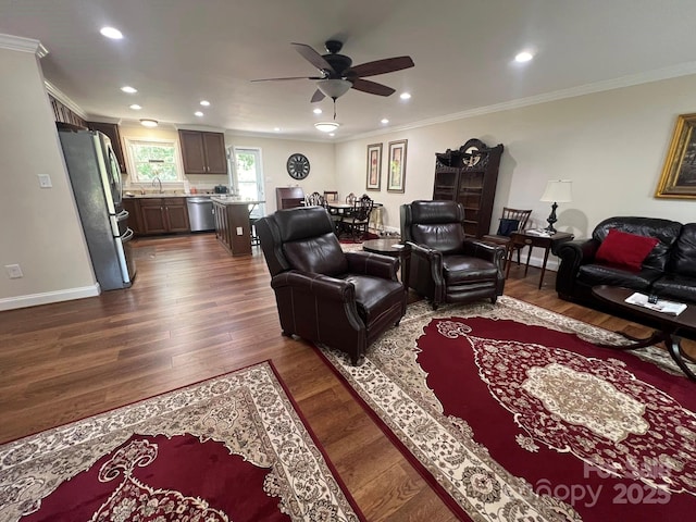 5550 Hillsdale St, Fort Lawn, SC 29714 - living area with a ceiling fan, crown molding, dark wood-type flooring, and recessed lighting