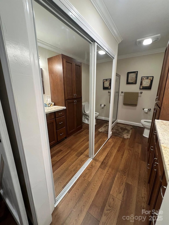 5550 Hillsdale St, Fort Lawn, SC 29714 - full bathroom with vanity, wood finished floors, and ornamental molding