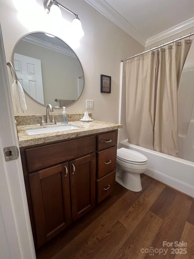 5550 Hillsdale St, Fort Lawn, SC 29714 - bathroom featuring crown molding, vanity, shower / bathtub combination with curtain, and wood finished floors