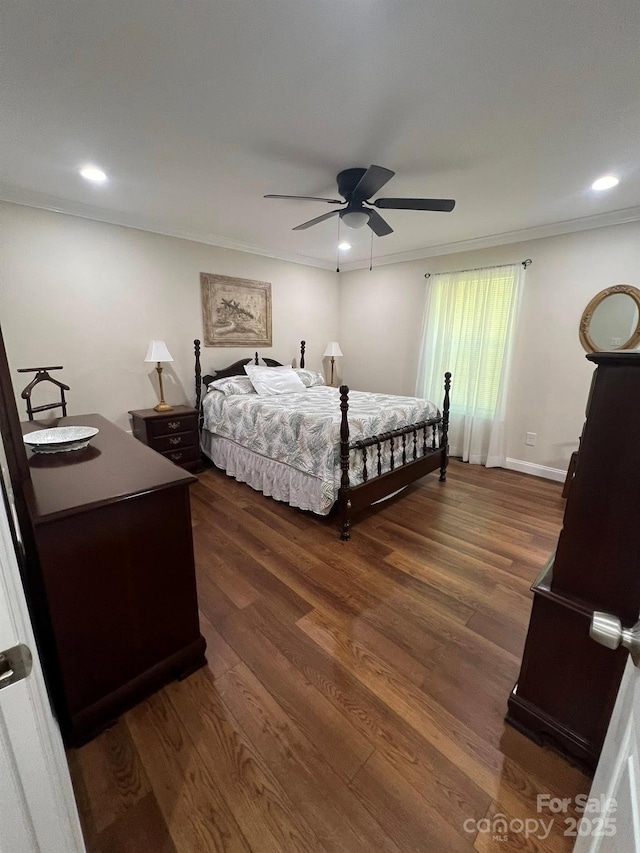 5550 Hillsdale St, Fort Lawn, SC 29714 - bedroom featuring dark wood-type flooring, ornamental molding, ceiling fan, and recessed lighting