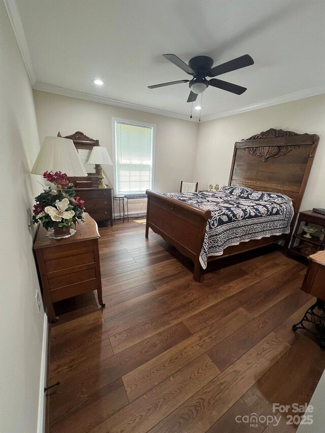 5550 Hillsdale St, Fort Lawn, SC 29714 - bedroom featuring dark wood-style floors, crown molding, recessed lighting, and a ceiling fan