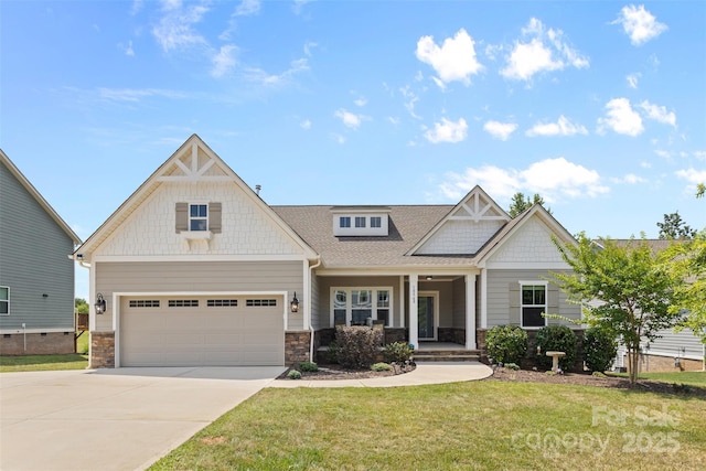 18568 Mainsail Ct, Lancaster, SC 29720 - craftsman inspired home with a porch, a front lawn, concrete driveway, and stone siding
