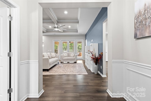 18568 Mainsail Ct, Lancaster, SC 29720 - living room featuring coffered ceiling, dark wood-style floors, beamed ceiling, ornamental molding, and recessed lighting