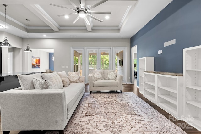 18568 Mainsail Ct, Lancaster, SC 29720 - living area with ceiling fan, ornamental molding, wood finished floors, recessed lighting, and beam ceiling