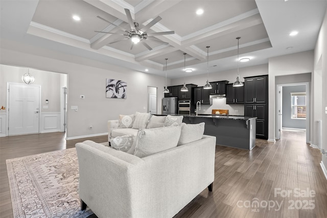 18568 Mainsail Ct, Lancaster, SC 29720 - living area featuring a ceiling fan, dark wood finished floors, coffered ceiling, beamed ceiling, and crown molding