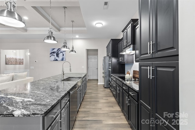 18568 Mainsail Ct, Lancaster, SC 29720 - kitchen with light wood-style flooring, under cabinet range hood, stainless steel appliances, crown molding, and a spacious island