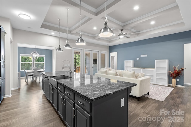 18568 Mainsail Ct, Lancaster, SC 29720 - kitchen with an island with sink, dark wood-style floors, ceiling fan, french doors, and hanging light fixtures