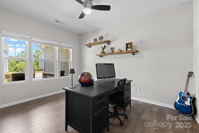 18568 Mainsail Ct, Lancaster, SC 29720 - home office featuring healthy amount of natural light, a ceiling fan, and dark wood-style flooring