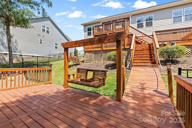 18568 Mainsail Ct, Lancaster, SC 29720 - wooden deck featuring a fenced backyard and stairway