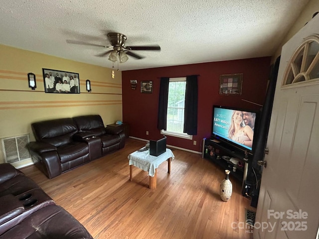 407 Alton St, Monroe, NC 28110 - living area featuring a textured ceiling, wood finished floors, and ceiling fan