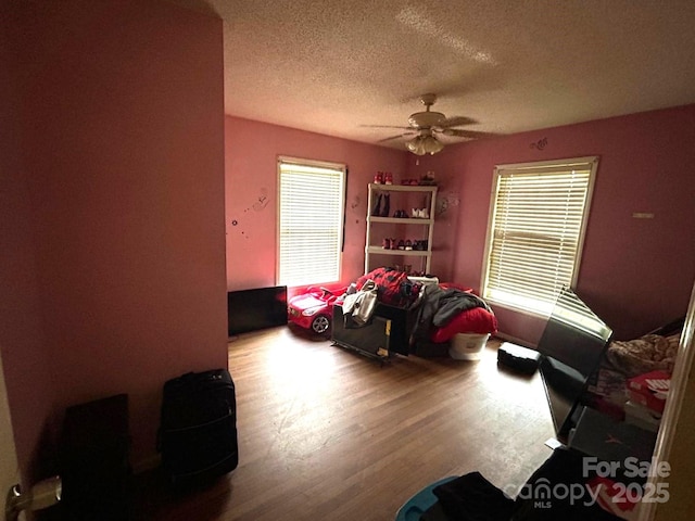407 Alton St, Monroe, NC 28110 - bedroom featuring wood finished floors, multiple windows, a textured ceiling, and ceiling fan