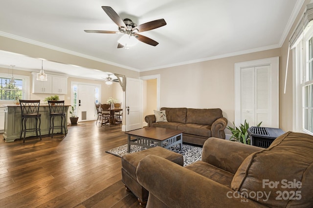 268 Oakland Rd, Spindale, NC 28160 - living area featuring ceiling fan, dark wood-style floors, and crown molding