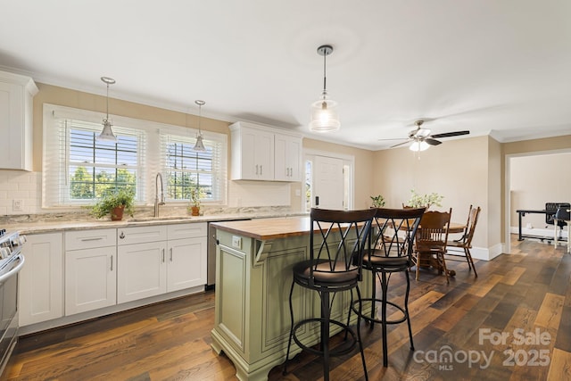 268 Oakland Rd, Spindale, NC 28160 - kitchen with butcher block counters, tasteful backsplash, crown molding, dark wood-style flooring, and dishwasher