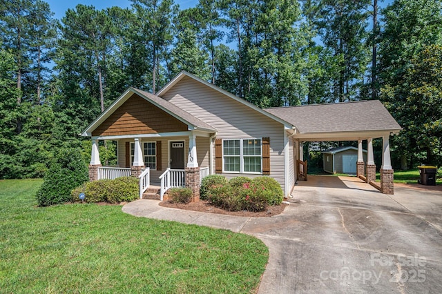 110 Leeper Ave, Belmont, NC 28012 - craftsman-style house featuring a porch, a shed, driveway, a front yard, and a carport
