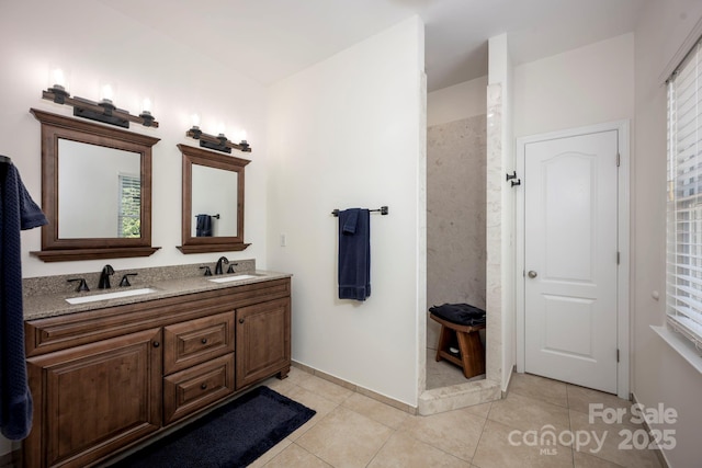3595 Lake Bluff Dr, Sherrills Ford, NC 28673 - full bath featuring double vanity, tiled shower, and tile patterned floors