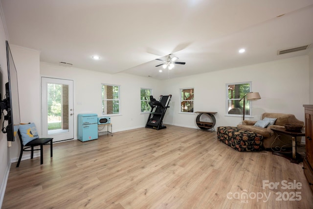 3595 Lake Bluff Dr, Sherrills Ford, NC 28673 - exercise area with light wood finished floors, a ceiling fan, and recessed lighting